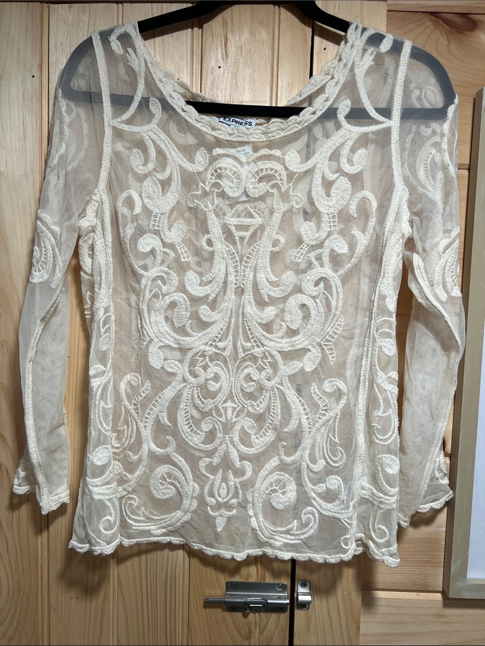 Express Women's Ivory Embroidered Sheer Lace Long-Sleeve Top